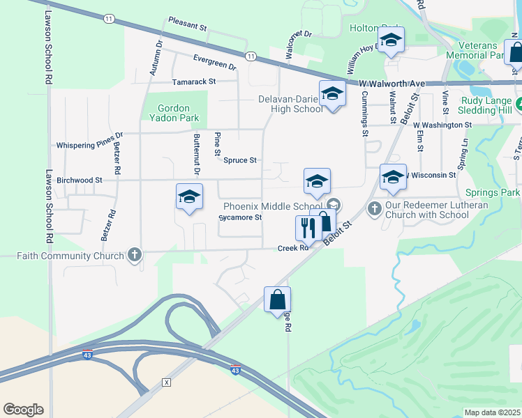 map of restaurants, bars, coffee shops, grocery stores, and more near 433 Turtle Creek Drive in Delavan