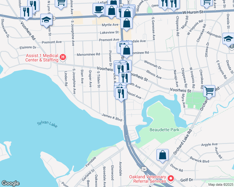 map of restaurants, bars, coffee shops, grocery stores, and more near 275 Dick Avenue in Pontiac