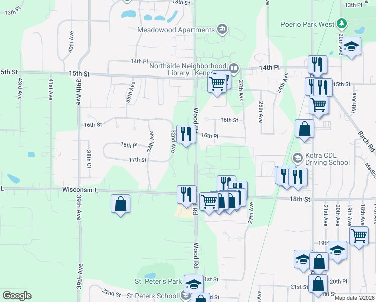 map of restaurants, bars, coffee shops, grocery stores, and more near 1677 30th Court in Kenosha