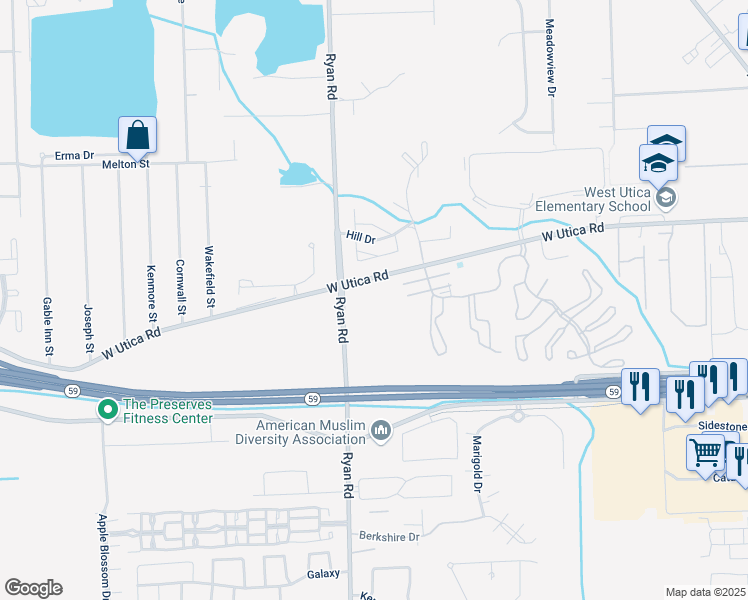 map of restaurants, bars, coffee shops, grocery stores, and more near 4200 West Utica Road in Macomb County