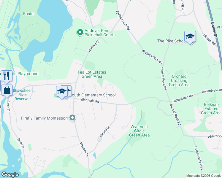 map of restaurants, bars, coffee shops, grocery stores, and more near 21 Tilton Lane in Andover