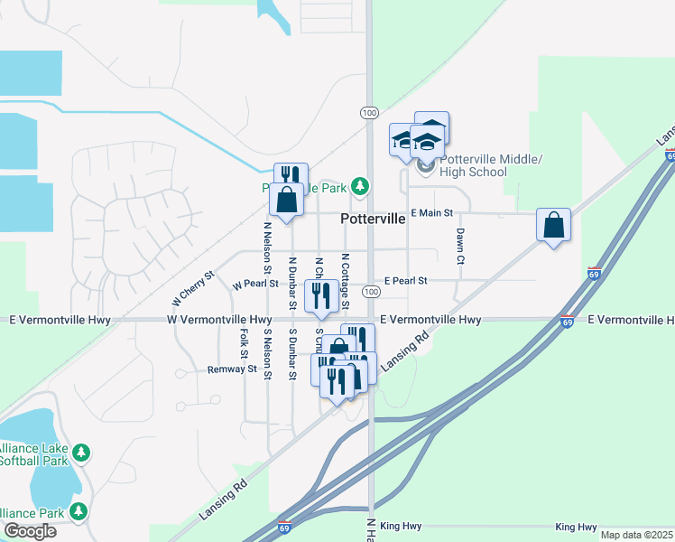 map of restaurants, bars, coffee shops, grocery stores, and more near 206 North Church Street in Potterville