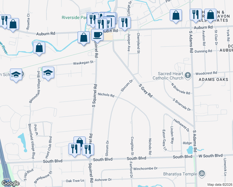 map of restaurants, bars, coffee shops, grocery stores, and more near 3443 Nichols Road in Auburn Hills