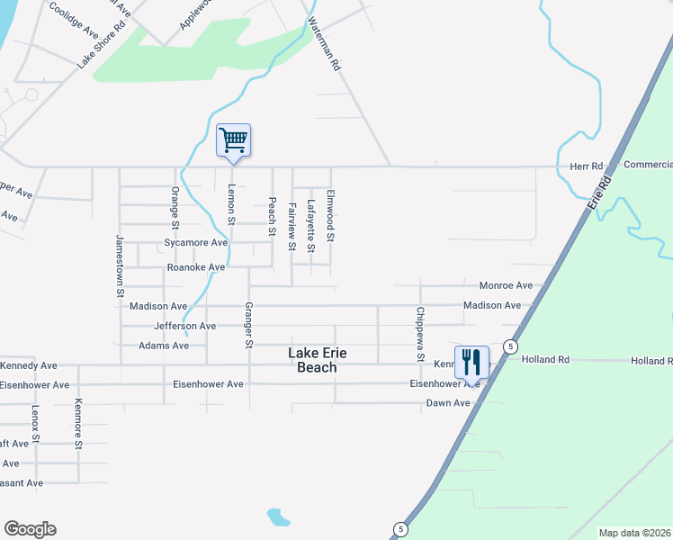 map of restaurants, bars, coffee shops, grocery stores, and more near 9482 Elmwood Street in Angola