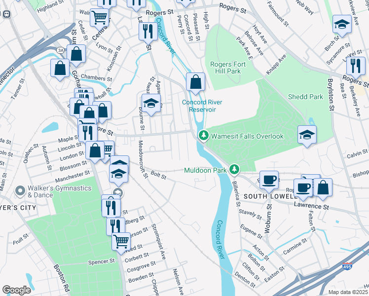 map of restaurants, bars, coffee shops, grocery stores, and more near 47 State Street in Lowell