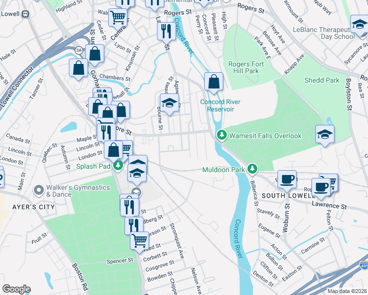 map of restaurants, bars, coffee shops, grocery stores, and more near 51 Saint James Street in Lowell