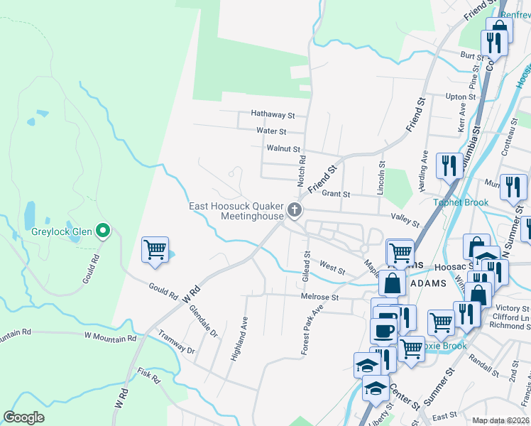 map of restaurants, bars, coffee shops, grocery stores, and more near 84 W Maple St in Adams