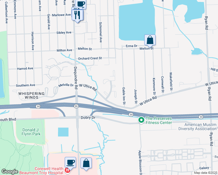 map of restaurants, bars, coffee shops, grocery stores, and more near 45425 Whispering Lakes Boulevard in Shelby Township