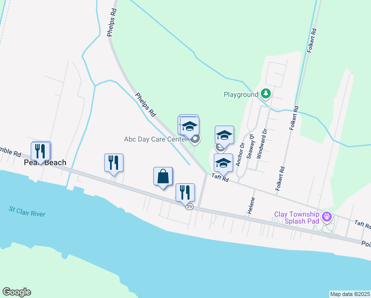 map of restaurants, bars, coffee shops, grocery stores, and more near 9541 Phelps Road in Algonac