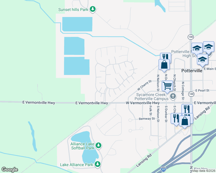map of restaurants, bars, coffee shops, grocery stores, and more near 1776 Constitution Circle in Potterville