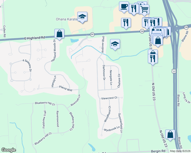 map of restaurants, bars, coffee shops, grocery stores, and more near 1654 Andover Boulevard in Howell