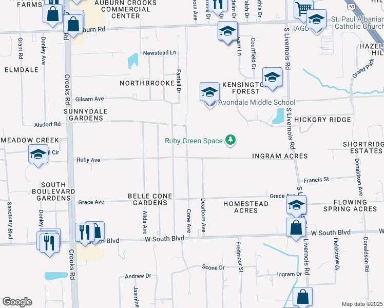 map of restaurants, bars, coffee shops, grocery stores, and more near 1468 Ruby Avenue in Rochester Hills