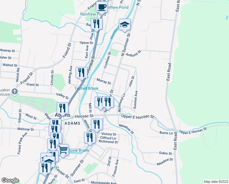 map of restaurants, bars, coffee shops, grocery stores, and more near 37 East Jordan Street in Adams