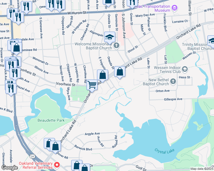 map of restaurants, bars, coffee shops, grocery stores, and more near 30 Salmer Avenue in Pontiac