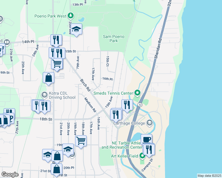 map of restaurants, bars, coffee shops, grocery stores, and more near 1730 15th Avenue in Kenosha