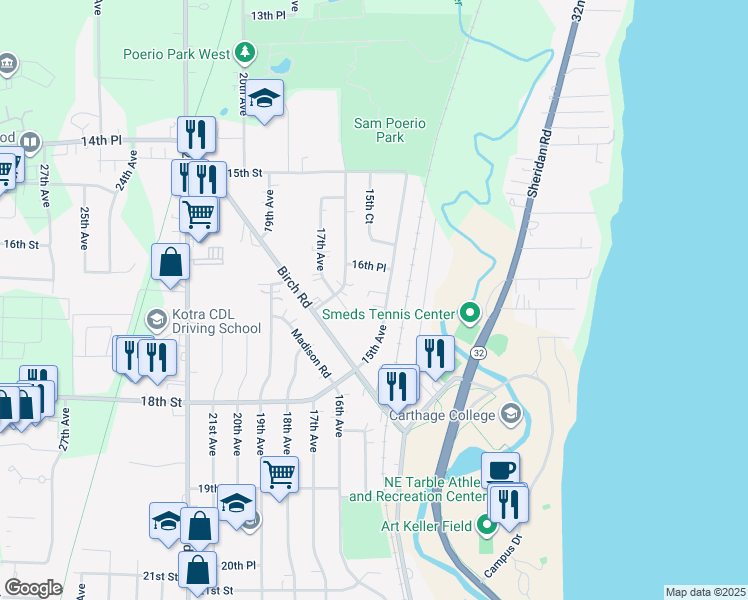 map of restaurants, bars, coffee shops, grocery stores, and more near 1730 15th Avenue in Kenosha