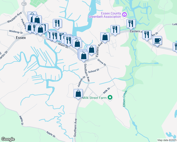 map of restaurants, bars, coffee shops, grocery stores, and more near 5 School Street in Essex