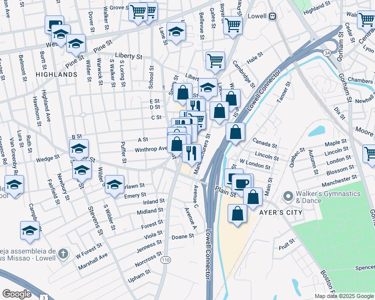 map of restaurants, bars, coffee shops, grocery stores, and more near 472 Chelmsford Street in Lowell