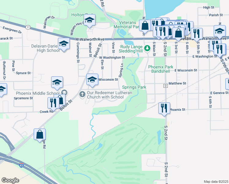 map of restaurants, bars, coffee shops, grocery stores, and more near 201 Spring Drive in Delavan