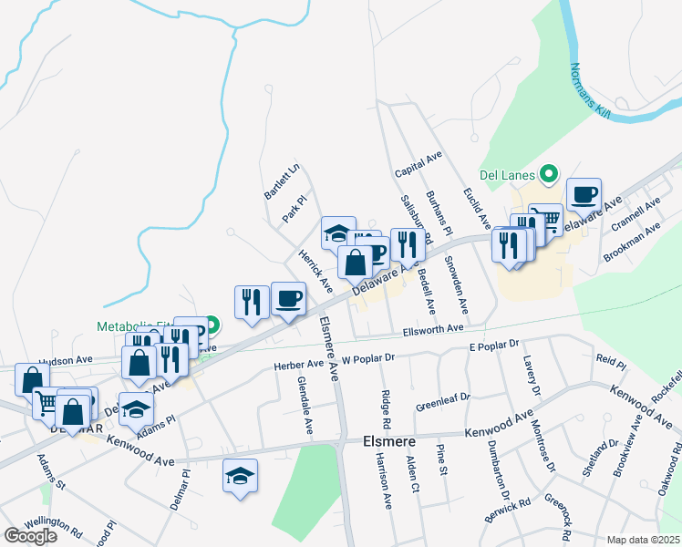 map of restaurants, bars, coffee shops, grocery stores, and more near 247 Delaware Avenue in Delmar