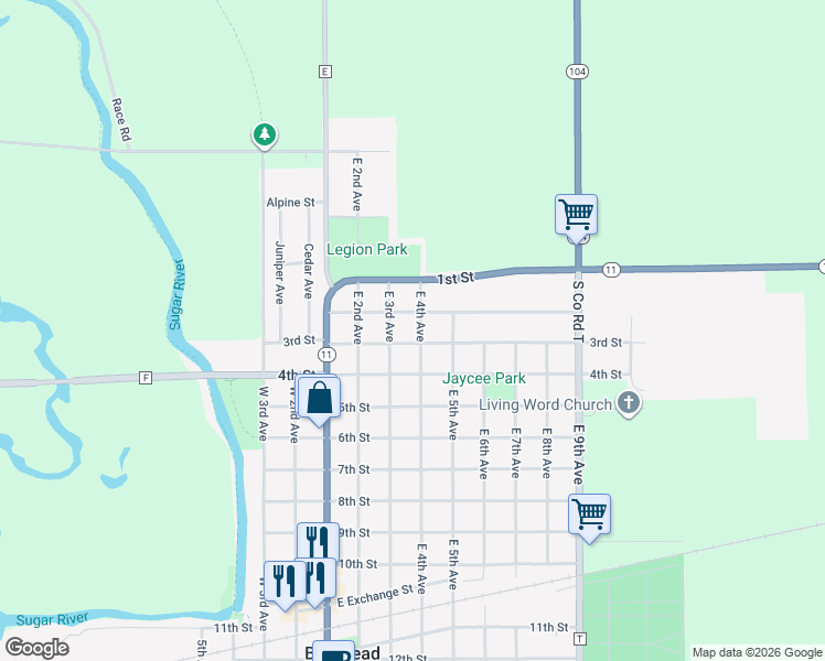 map of restaurants, bars, coffee shops, grocery stores, and more near 302 East 4th Avenue in Brodhead