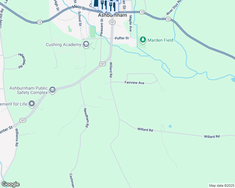 map of restaurants, bars, coffee shops, grocery stores, and more near 39 Willard Road in Ashburnham