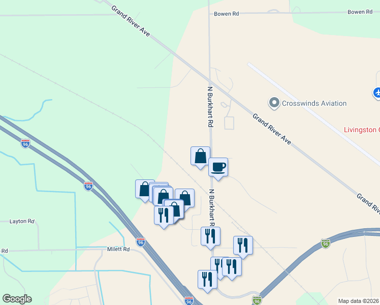 map of restaurants, bars, coffee shops, grocery stores, and more near 1799 North Burkhart Road in Howell