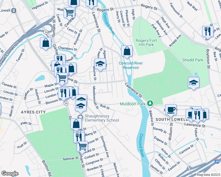 map of restaurants, bars, coffee shops, grocery stores, and more near 51 Saint James Street in Lowell