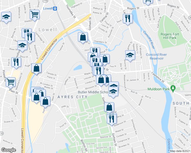 map of restaurants, bars, coffee shops, grocery stores, and more near 18 London Street in Lowell