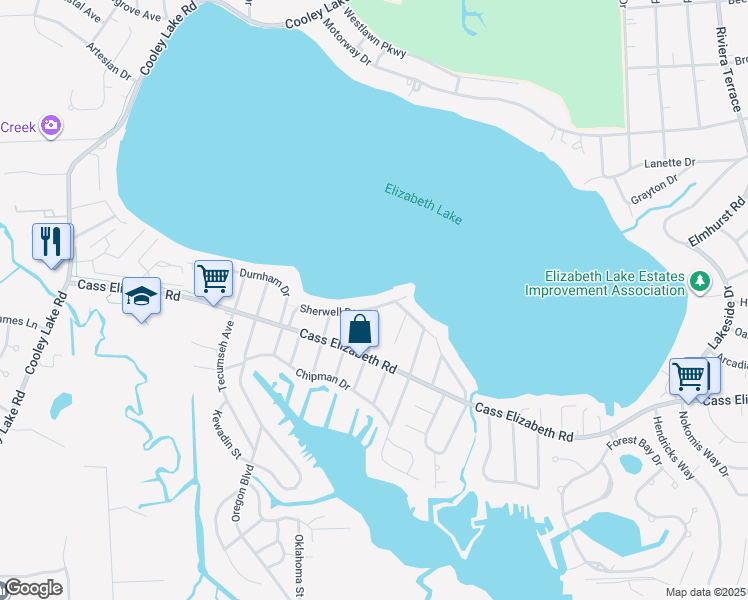map of restaurants, bars, coffee shops, grocery stores, and more near 4873 Sherwell Drive in Waterford Township