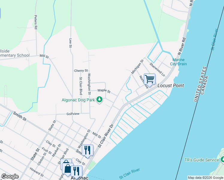 map of restaurants, bars, coffee shops, grocery stores, and more near 460 Dixie Boulevard in Algonac