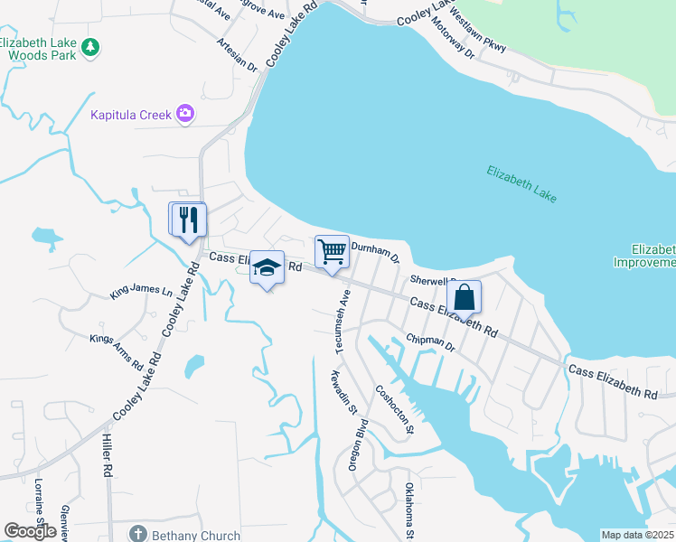 map of restaurants, bars, coffee shops, grocery stores, and more near 5157 Cass Elizabeth Road in Waterford Township