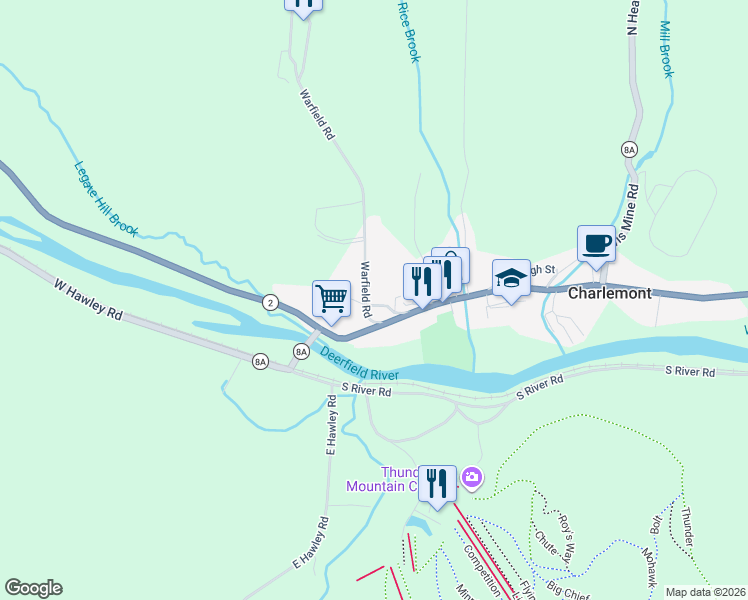 map of restaurants, bars, coffee shops, grocery stores, and more near 53 Main Street in Charlemont