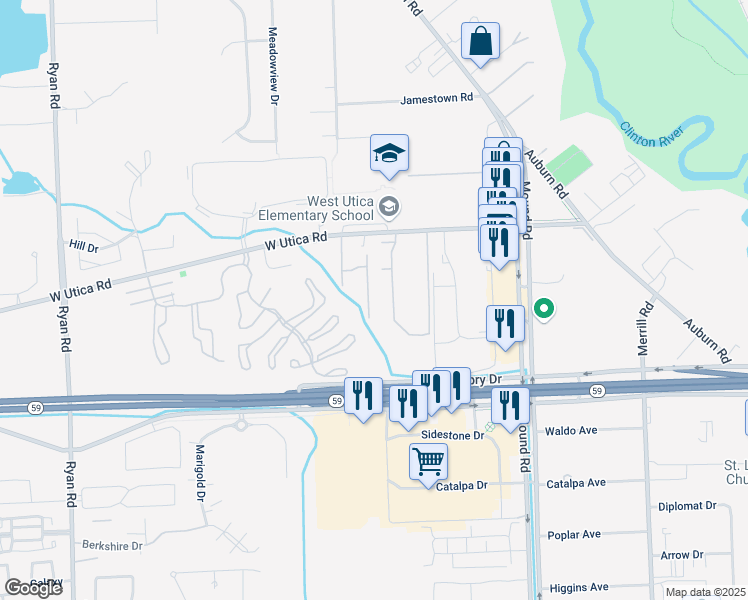 map of restaurants, bars, coffee shops, grocery stores, and more near 45101-45699 Fox Lane West in Shelby Charter Township