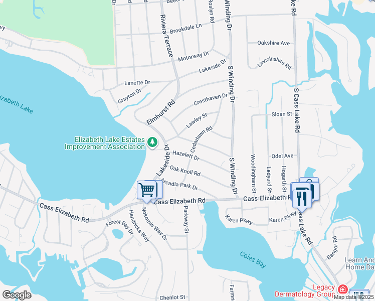 map of restaurants, bars, coffee shops, grocery stores, and more near 3965 Hazelett Drive in Waterford Township