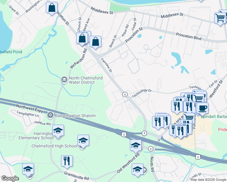 map of restaurants, bars, coffee shops, grocery stores, and more near 5 Leon Street in Chelmsford