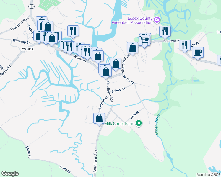 map of restaurants, bars, coffee shops, grocery stores, and more near 23 Southern Avenue in Essex