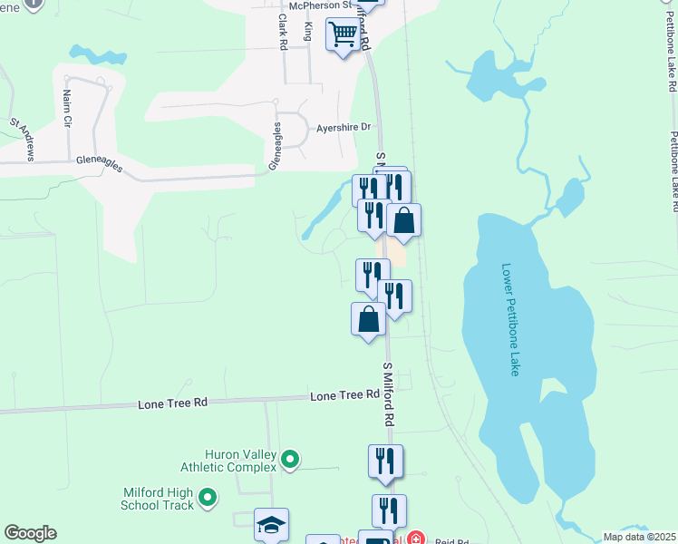 map of restaurants, bars, coffee shops, grocery stores, and more near 1277 Pine Ridge Drive in Highland Charter Township