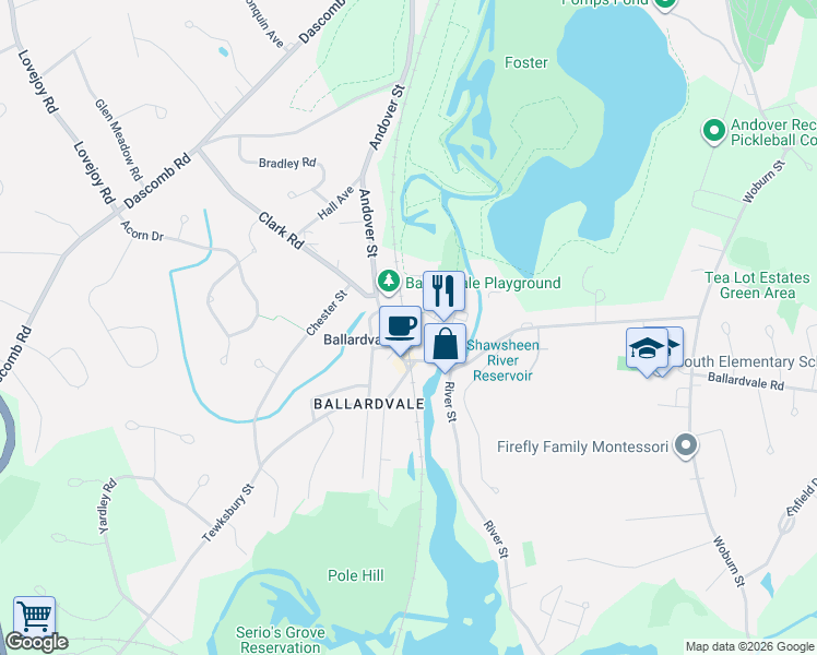 map of restaurants, bars, coffee shops, grocery stores, and more near 195 Andover Street in Andover