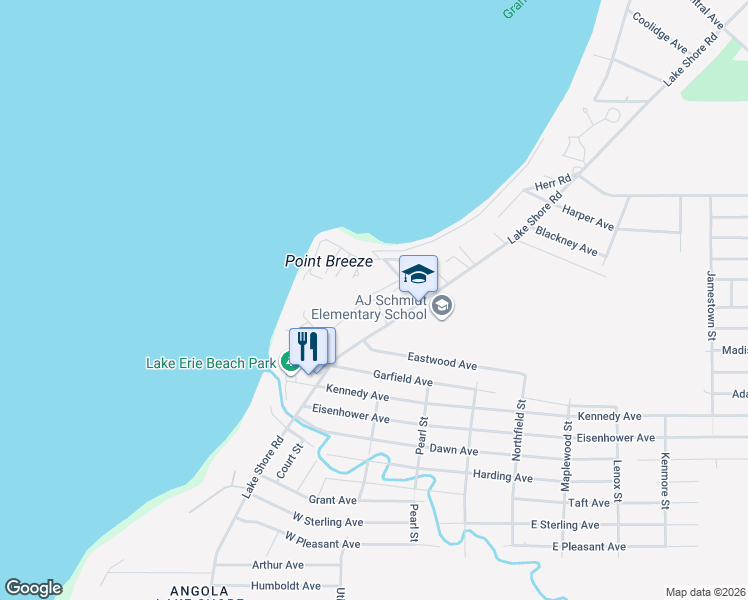 map of restaurants, bars, coffee shops, grocery stores, and more near 9536 Southwood Drive in Angola