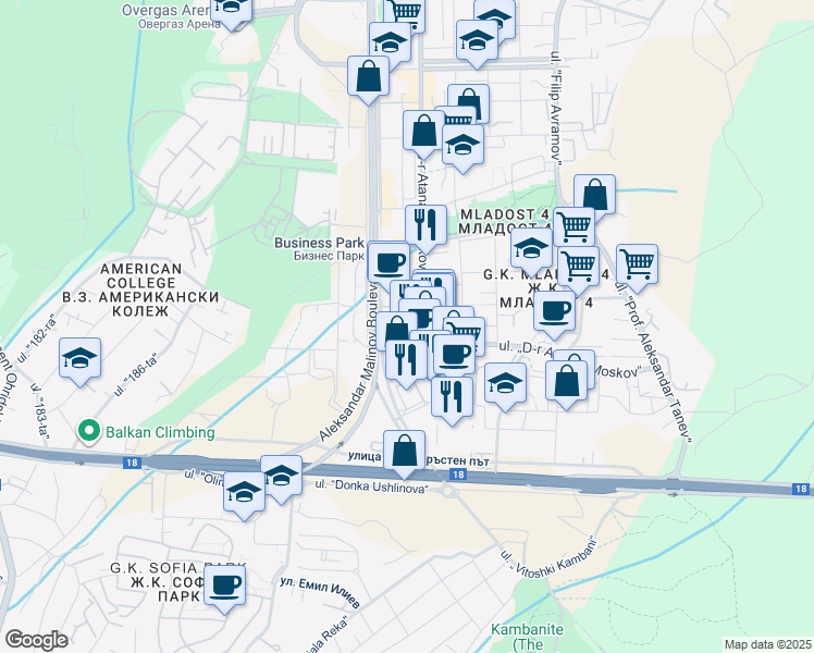 map of restaurants, bars, coffee shops, grocery stores, and more near 1 ulitsa "Business park Sofia" in Sofia