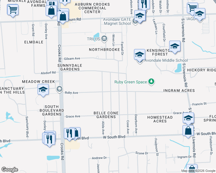 map of restaurants, bars, coffee shops, grocery stores, and more near 3536 Samuel Avenue in Rochester Hills