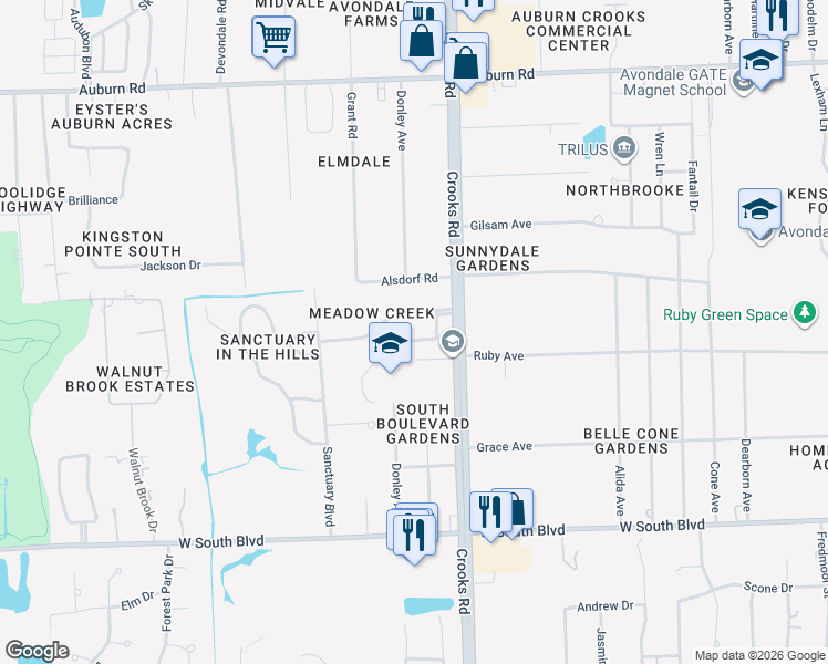 map of restaurants, bars, coffee shops, grocery stores, and more near 2066 Lagoon Drive in Rochester Hills