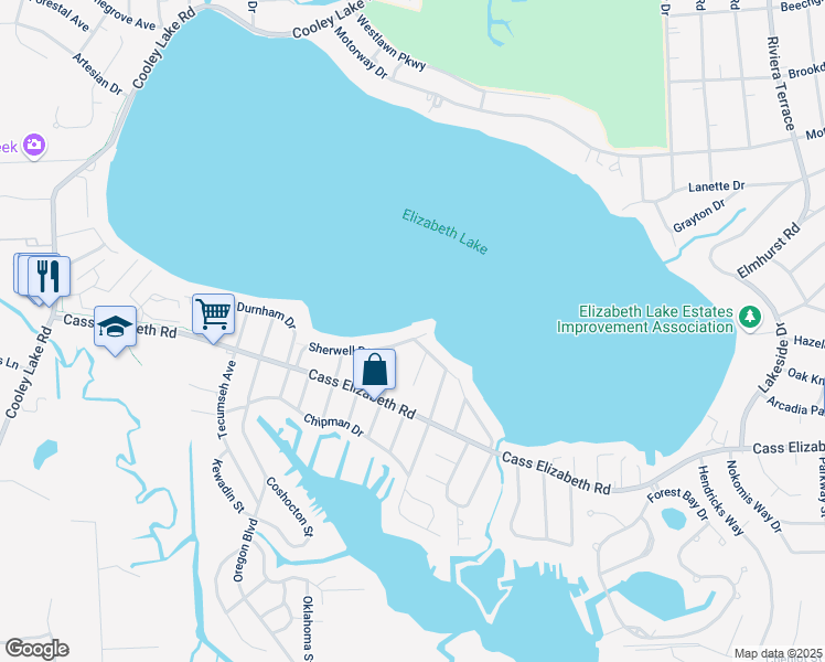 map of restaurants, bars, coffee shops, grocery stores, and more near 4780 Onawa Court in Waterford Township