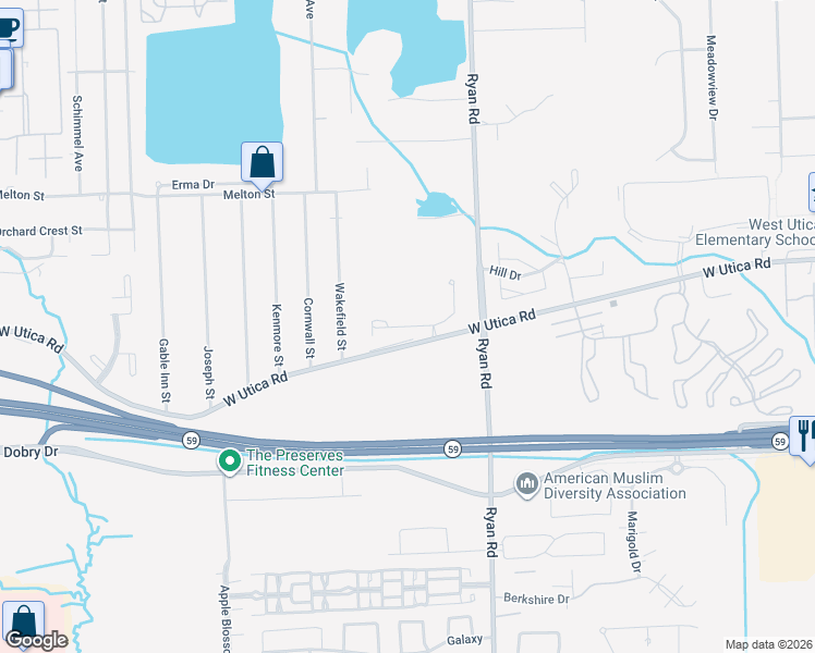 map of restaurants, bars, coffee shops, grocery stores, and more near 3599 Eagle Creek Drive in Shelby Charter Township