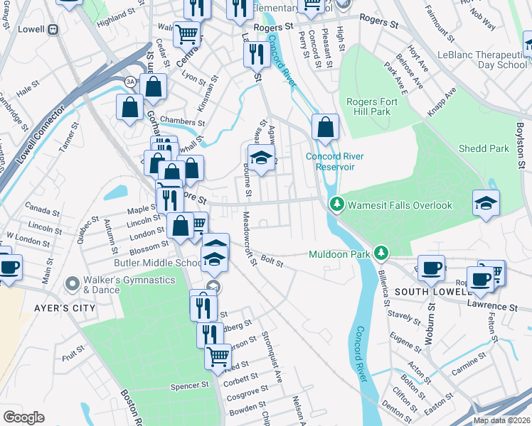 map of restaurants, bars, coffee shops, grocery stores, and more near 139 Andrews Street in Lowell