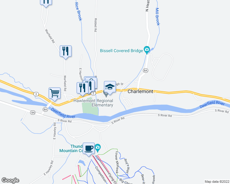 map of restaurants, bars, coffee shops, grocery stores, and more near 130 Main Street in Charlemont