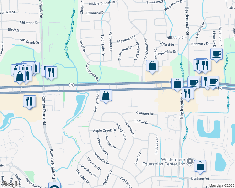 map of restaurants, bars, coffee shops, grocery stores, and more near 19700 Hall Road in Macomb County