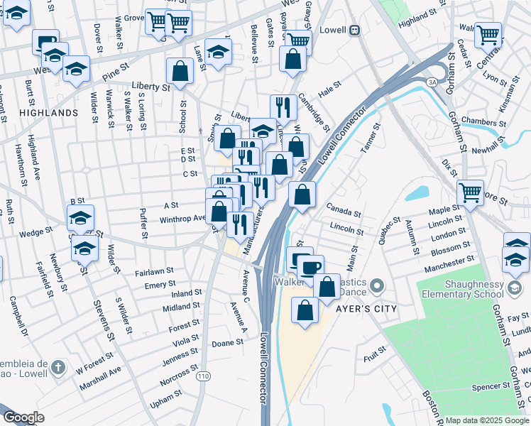 map of restaurants, bars, coffee shops, grocery stores, and more near 4 Manufacturers Street in Lowell
