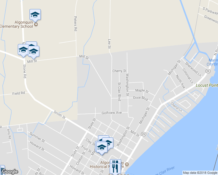 map of restaurants, bars, coffee shops, grocery stores, and more near 850 Mill Street in Algonac